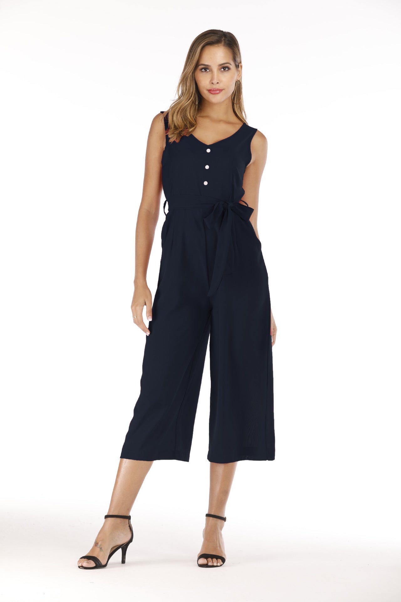 V Neck Tanked Jumpsuit with belted waist