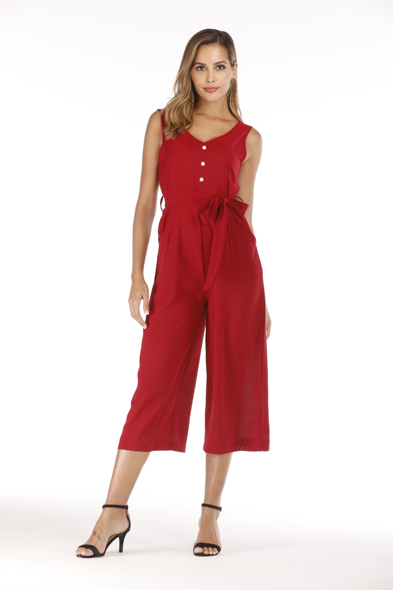 V Neck Tanked Jumpsuit with belted waist